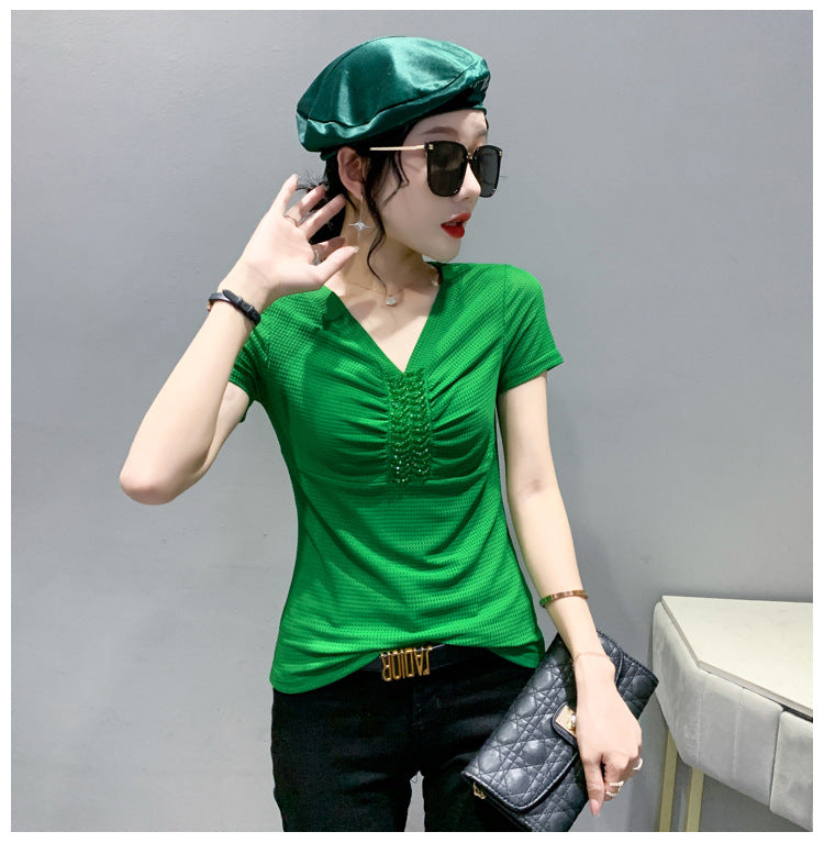 European 2024 Summer New Design Niche V-neck Bead Short-sleeved T-shirt Women's Slim-fit All-match Ins Top