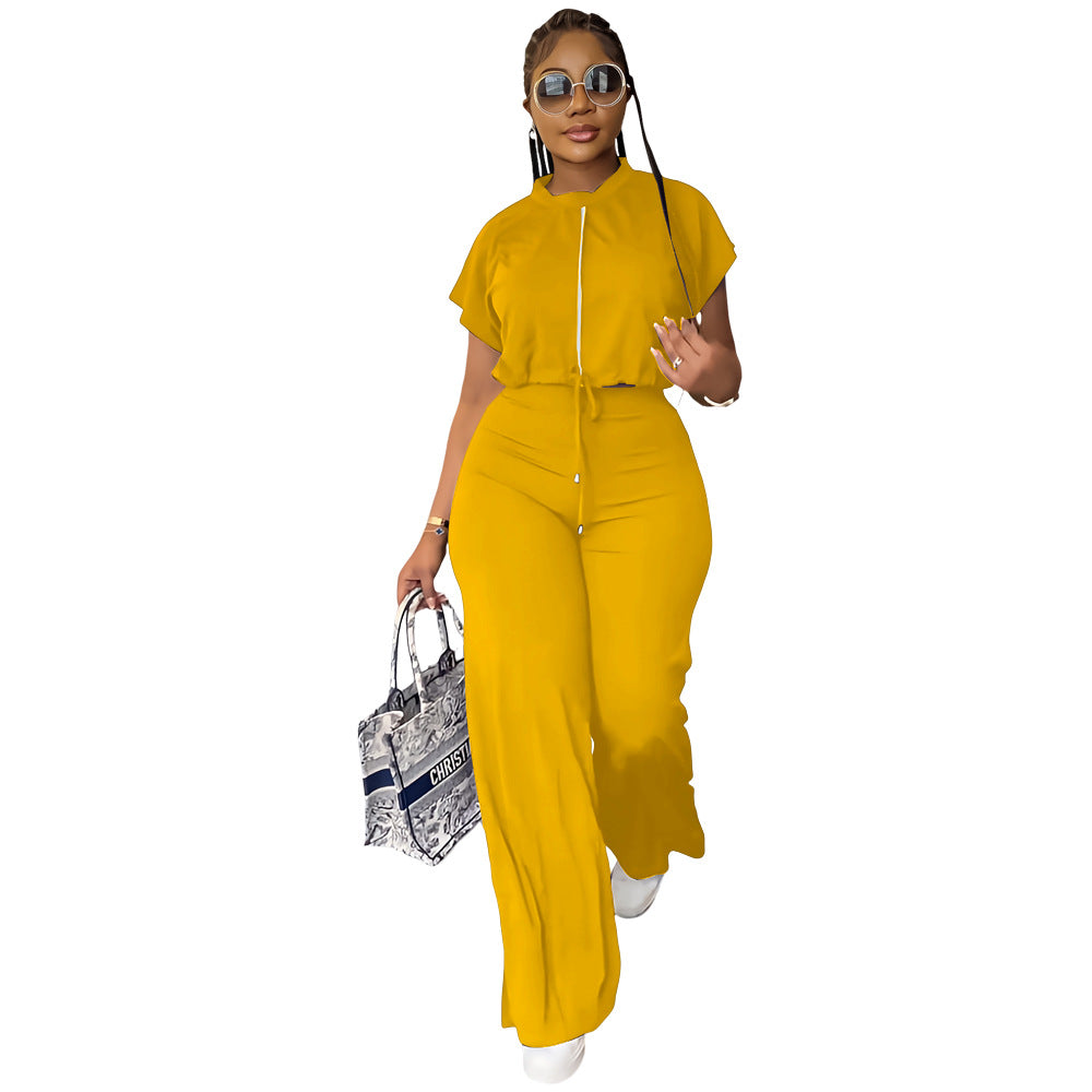 10163 cross-border European and American Amazon summer drawstring short top high waist split women's trousers fashion two-piece suit
