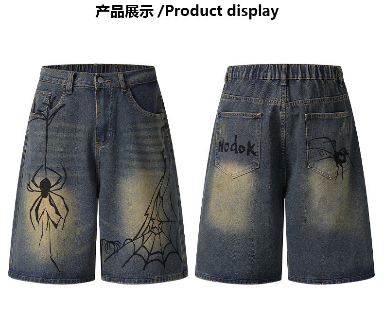 Cross-Border Popular Source | Hand-Painted Spider Denim Shorts Men's Summer Loose Retro Distressed Blue Straight-Leg Trousers