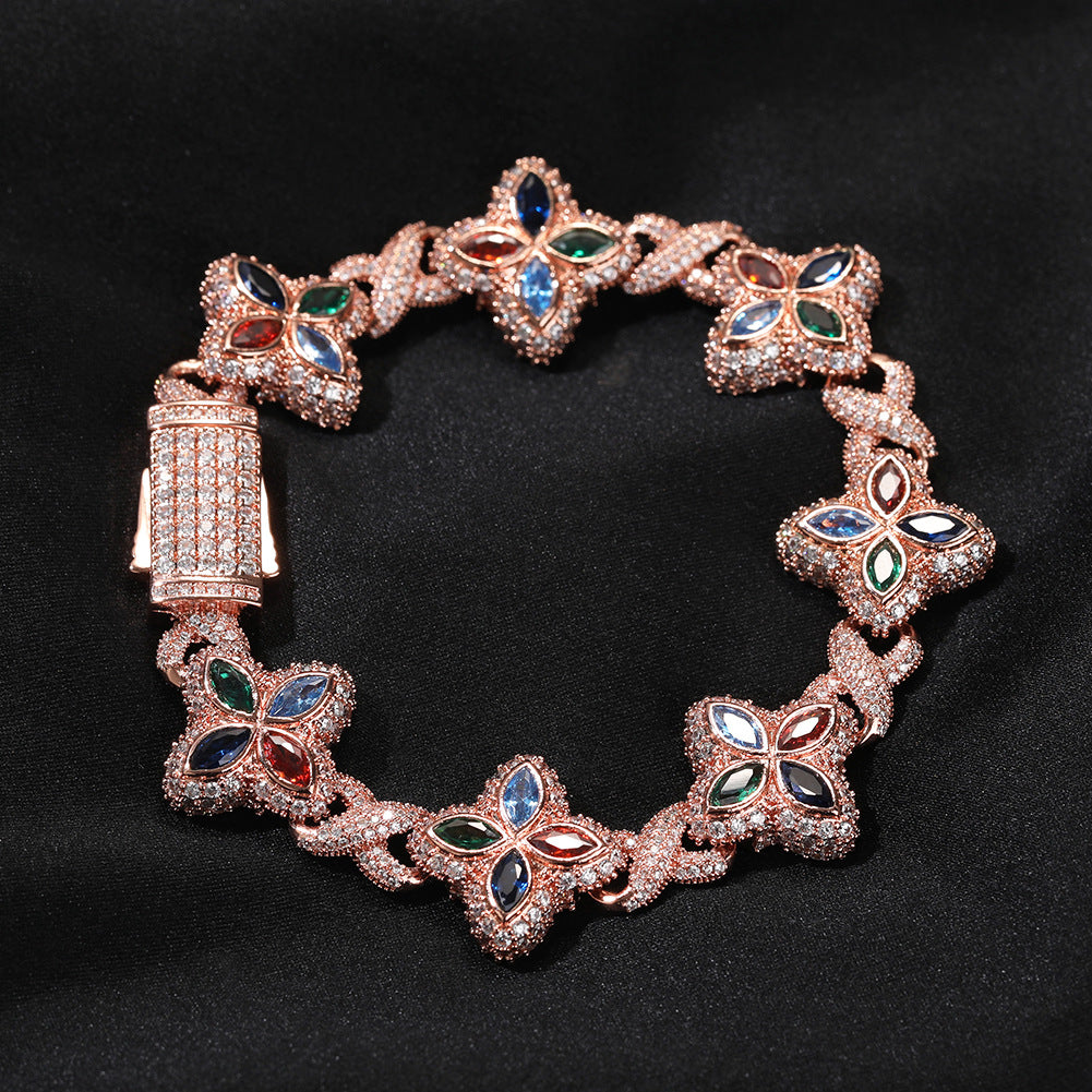 Hip-Hop Rap Chain Infinite Four-Leaf Clover Bracelet Fashionable Trendy Cool Handsome High-End 5A Zircon Colorful Necklace Jewelry