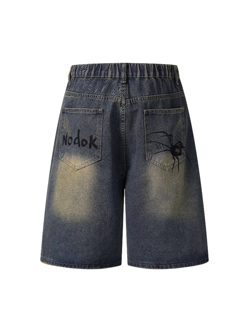 Cross-Border Popular Source | Hand-Painted Spider Denim Shorts Men's Summer Loose Retro Distressed Blue Straight-Leg Trousers