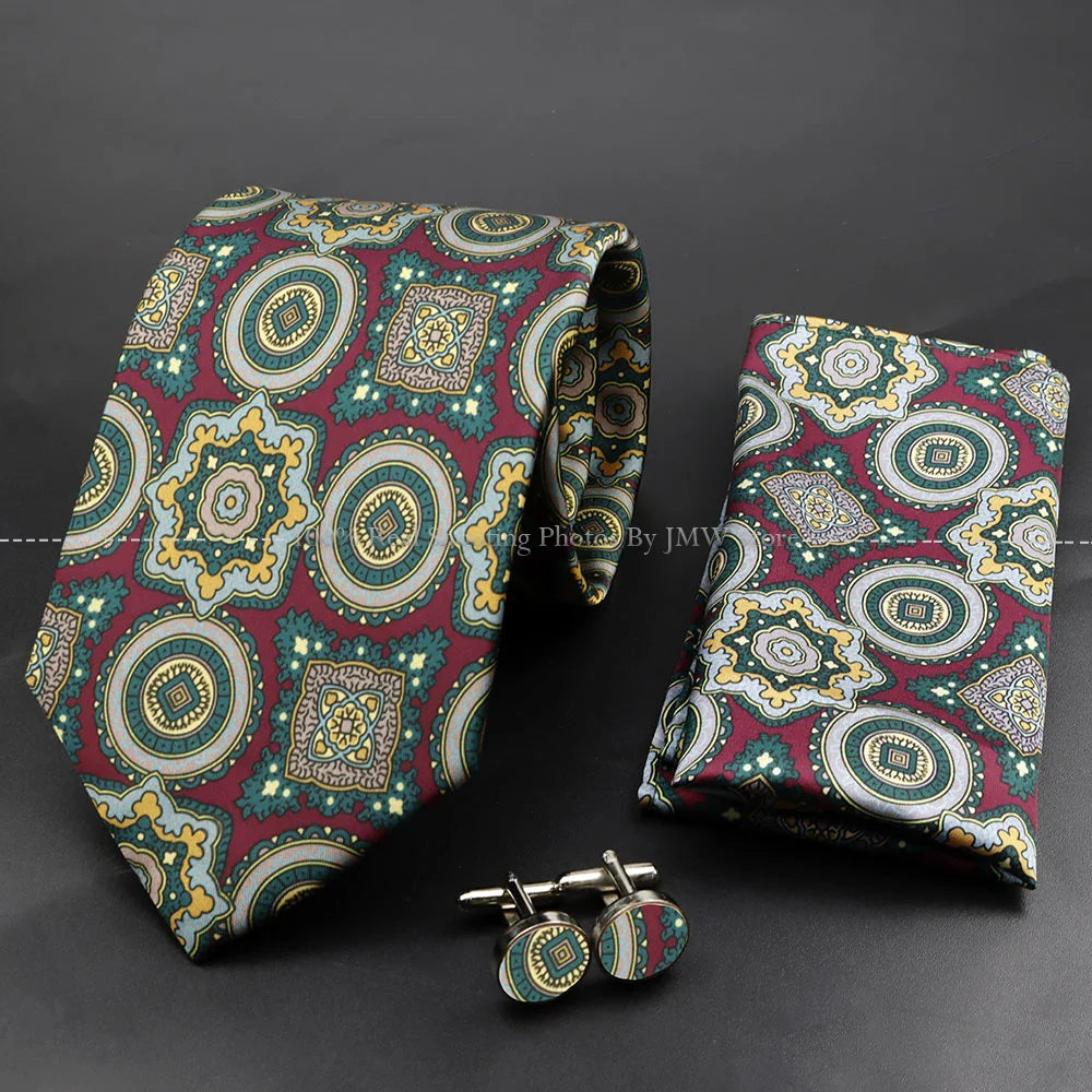 Men's 7.5cm Soft Silk Tie Set With Pocket Square Cufflinks Boutonniere Blue Green Orange Dot Floral Neckwear For Wedding Busines