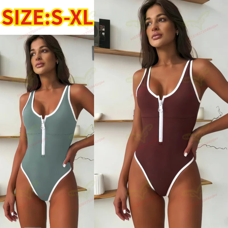 Maillot de Bain Une Pièce Femme Taille Haute – Couleur Unie, Fermeture Éclair
