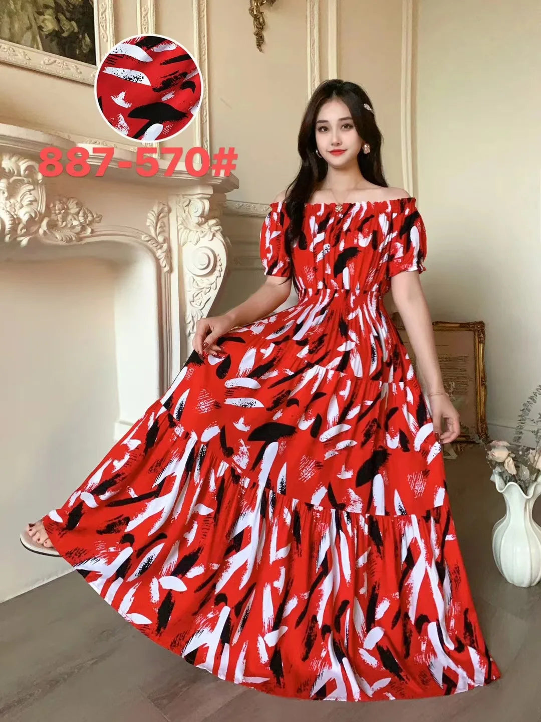 Sexy Slash Neck Long Dress Women Summer Indian Clothes Bohemian Cotton Print Floral Boho Korean Fashion Style Casual Big Skirt