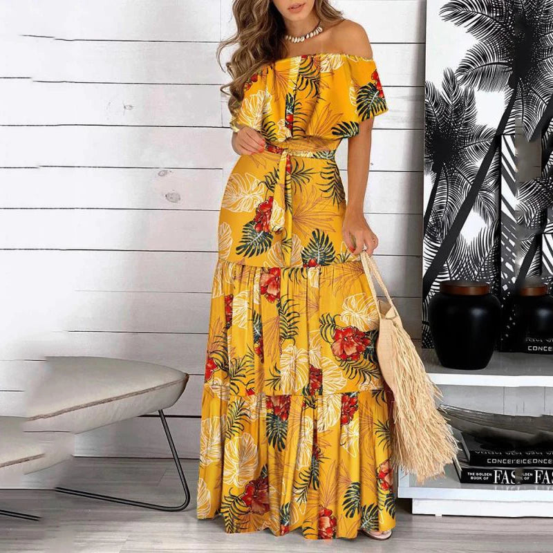 Pop 2022 New Fashion Leopard Robe Print Long Dress Ruffle Maxi Sundress Bohemian Women Summer Sexy Casual Elegant Strapless Vest