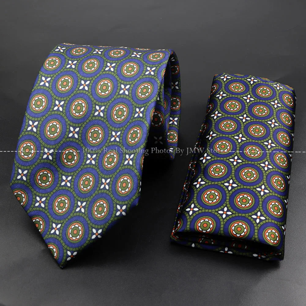 Men's 7.5cm Soft Silk Tie Set With Pocket Square Cufflinks Boutonniere Blue Green Orange Dot Floral Neckwear For Wedding Busines