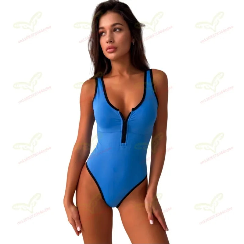 Maillot de Bain Une Pièce Femme Taille Haute – Couleur Unie, Fermeture Éclair