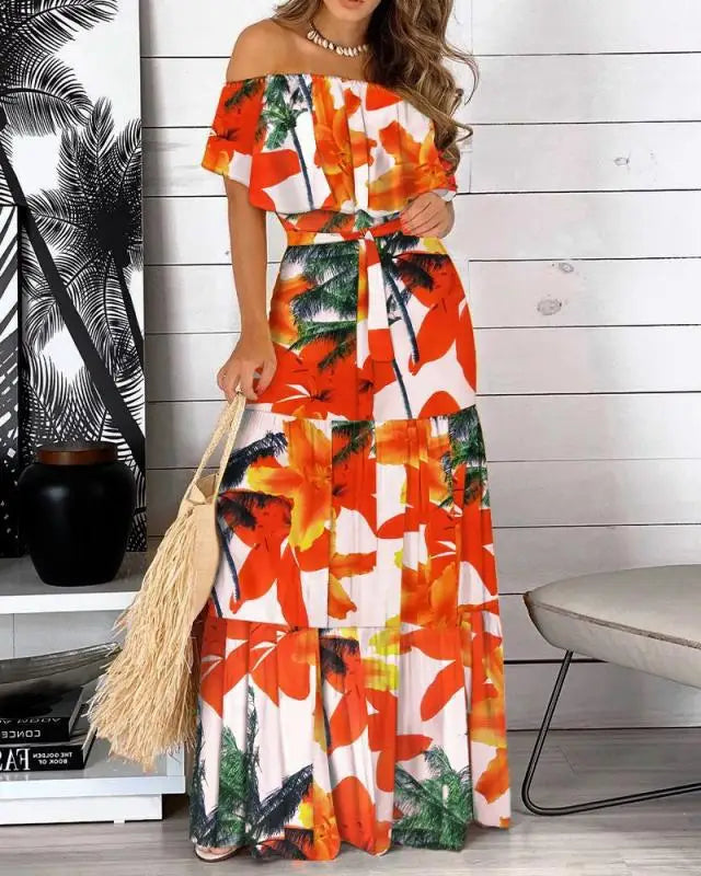 Pop 2022 New Fashion Leopard Robe Print Long Dress Ruffle Maxi Sundress Bohemian Women Summer Sexy Casual Elegant Strapless Vest