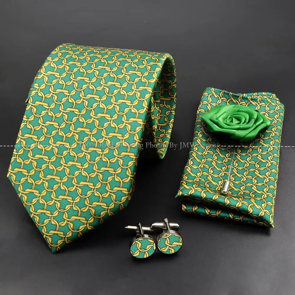 Men's 7.5cm Soft Silk Tie Set With Pocket Square Cufflinks Boutonniere Blue Green Orange Dot Floral Neckwear For Wedding Busines