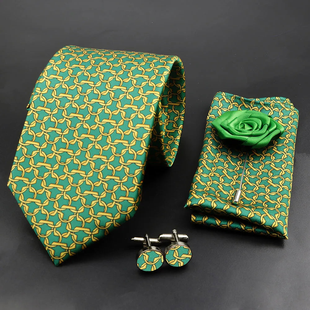 Men's 7.5cm Soft Silk Tie Set With Pocket Square Cufflinks Boutonniere Blue Green Orange Dot Floral Neckwear For Wedding Busines