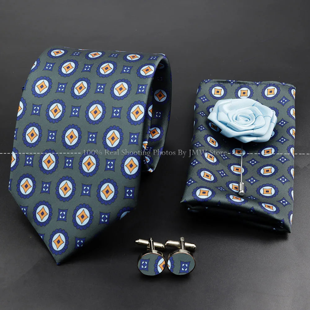 Men's 7.5cm Soft Silk Tie Set With Pocket Square Cufflinks Boutonniere Blue Green Orange Dot Floral Neckwear For Wedding Busines