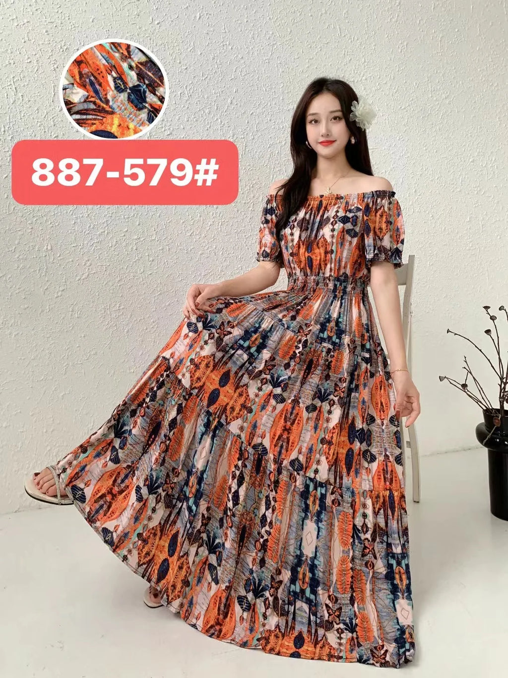 Sexy Slash Neck Long Dress Women Summer Indian Clothes Bohemian Cotton Print Floral Boho Korean Fashion Style Casual Big Skirt