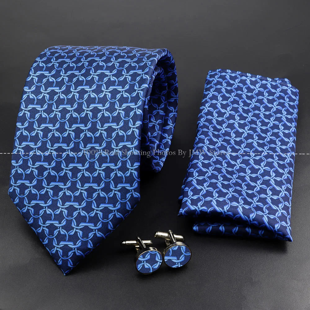 Men's 7.5cm Soft Silk Tie Set With Pocket Square Cufflinks Boutonniere Blue Green Orange Dot Floral Neckwear For Wedding Busines