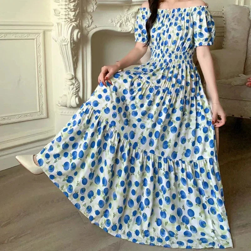 Sexy Slash Neck Long Dress Women Summer Indian Clothes Bohemian Cotton Print Floral Boho Korean Fashion Style Casual Big Skirt