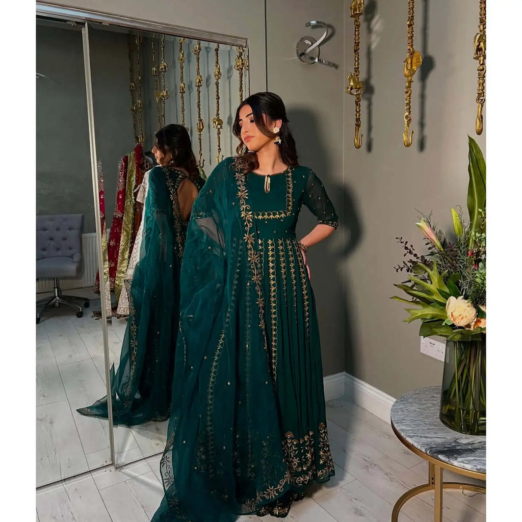 Handmade Designer A-Line Gown with Dupatta Empire Waistline for Party Wear