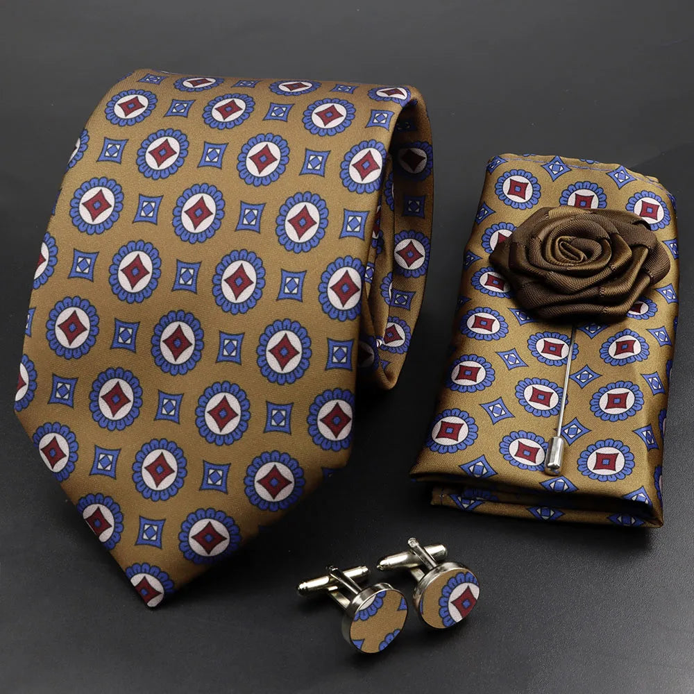 Men's 7.5cm Soft Silk Tie Set With Pocket Square Cufflinks Boutonniere Blue Green Orange Dot Floral Neckwear For Wedding Busines