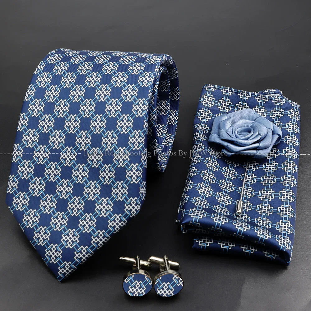 Men's 7.5cm Soft Silk Tie Set With Pocket Square Cufflinks Boutonniere Blue Green Orange Dot Floral Neckwear For Wedding Busines