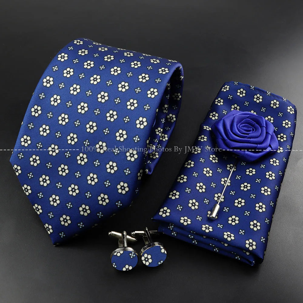 Men's 7.5cm Soft Silk Tie Set With Pocket Square Cufflinks Boutonniere Blue Green Orange Dot Floral Neckwear For Wedding Busines