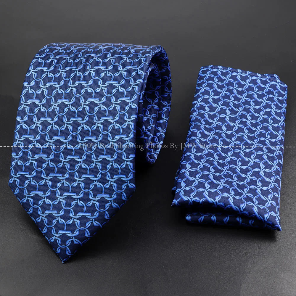 Men's 7.5cm Soft Silk Tie Set With Pocket Square Cufflinks Boutonniere Blue Green Orange Dot Floral Neckwear For Wedding Busines