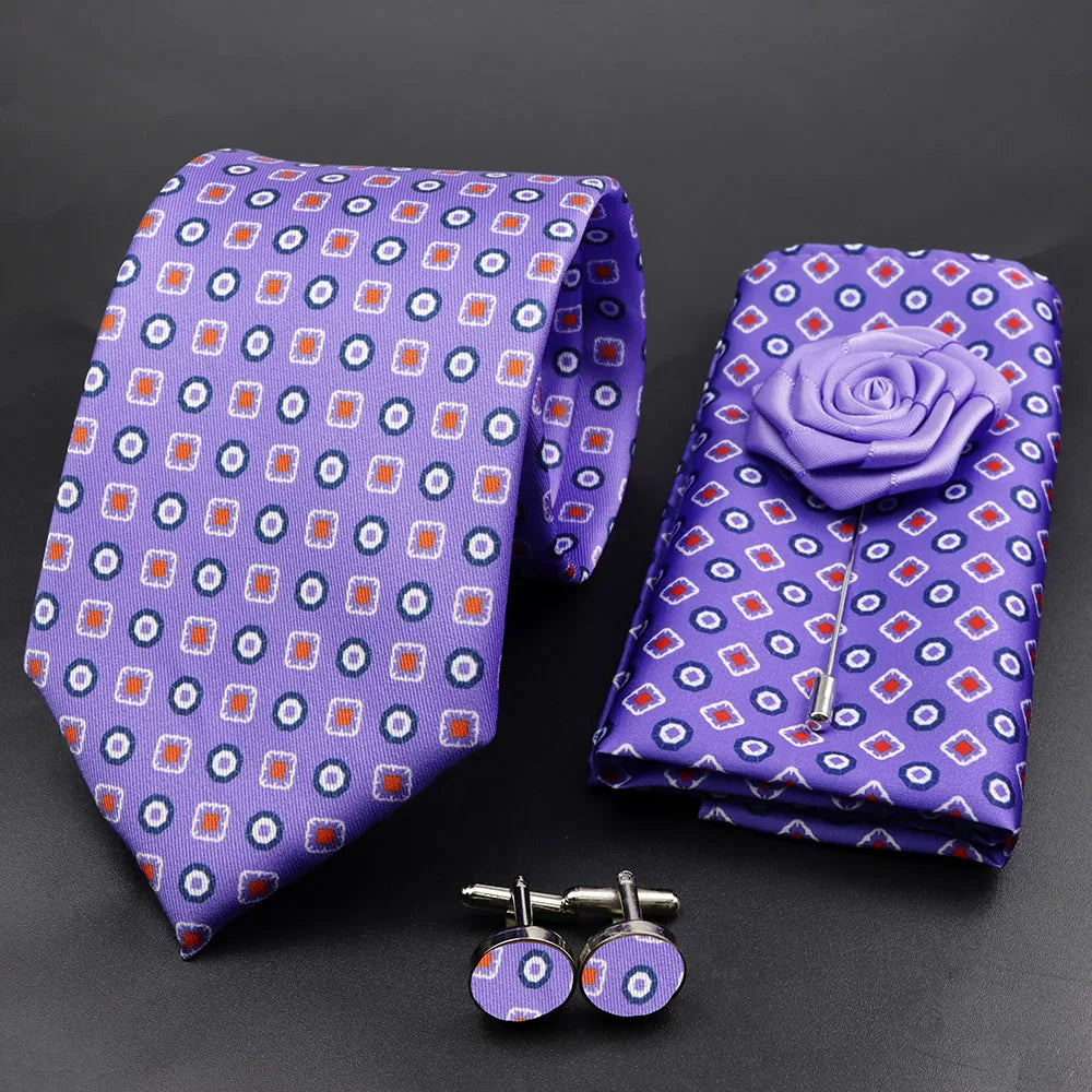 Men's 7.5cm Soft Silk Tie Set With Pocket Square Cufflinks Boutonniere Blue Green Orange Dot Floral Neckwear For Wedding Busines