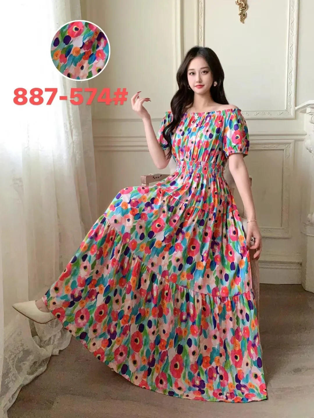 Sexy Slash Neck Long Dress Women Summer Indian Clothes Bohemian Cotton Print Floral Boho Korean Fashion Style Casual Big Skirt
