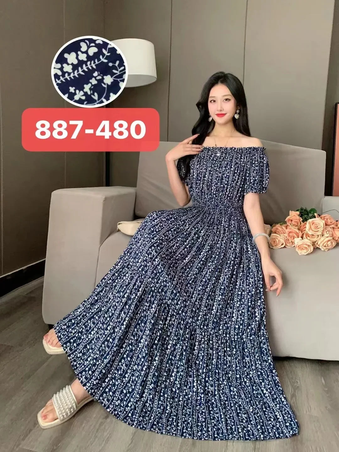 Sexy Slash Neck Long Dress Women Summer Indian Clothes Bohemian Cotton Print Floral Boho Korean Fashion Style Casual Big Skirt