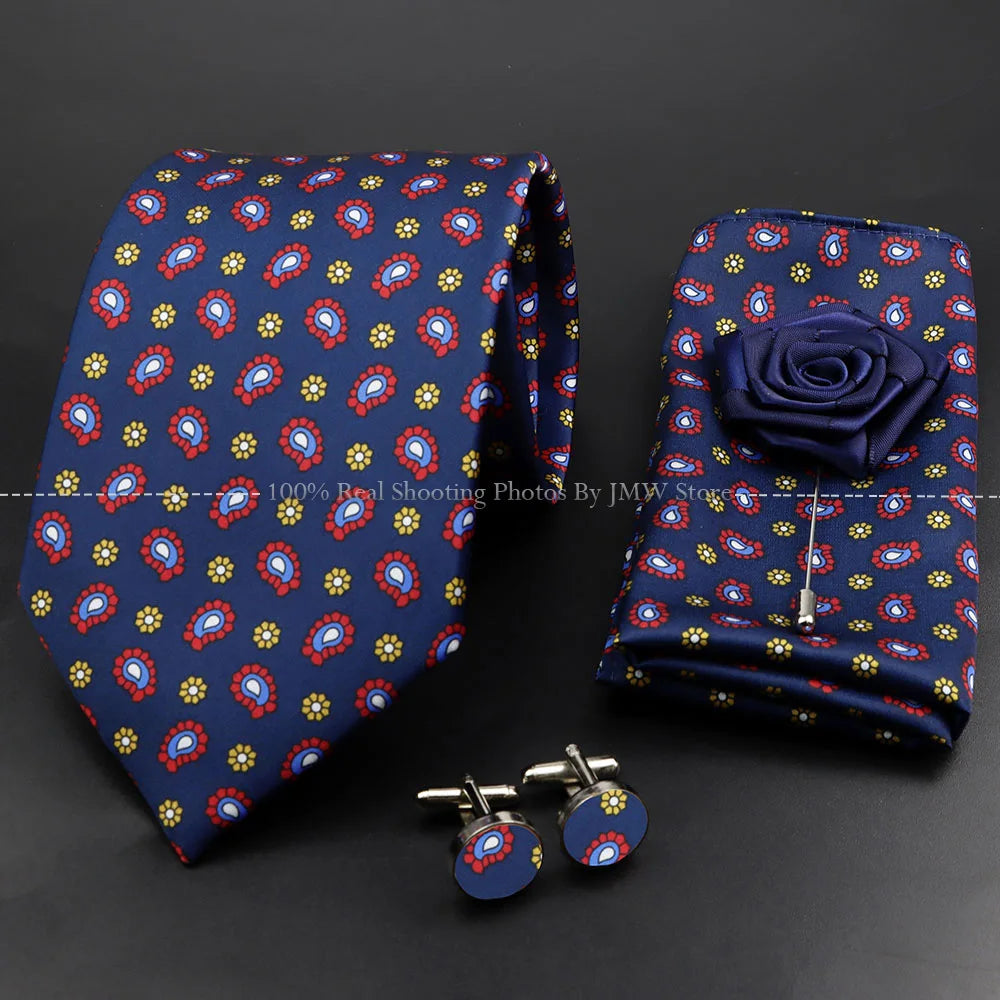 Men's 7.5cm Soft Silk Tie Set With Pocket Square Cufflinks Boutonniere Blue Green Orange Dot Floral Neckwear For Wedding Busines