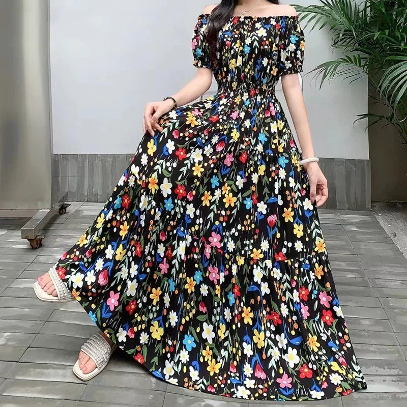 Sexy Slash Neck Long Dress Women Summer Indian Clothes Bohemian Cotton Print Floral Boho Korean Fashion Style Casual Big Skirt