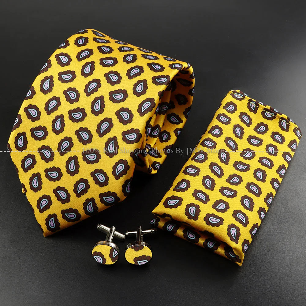 Men's 7.5cm Soft Silk Tie Set With Pocket Square Cufflinks Boutonniere Blue Green Orange Dot Floral Neckwear For Wedding Busines