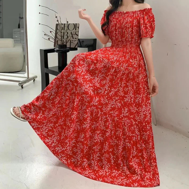 Sexy Slash Neck Long Dress Women Summer Indian Clothes Bohemian Cotton Print Floral Boho Korean Fashion Style Casual Big Skirt
