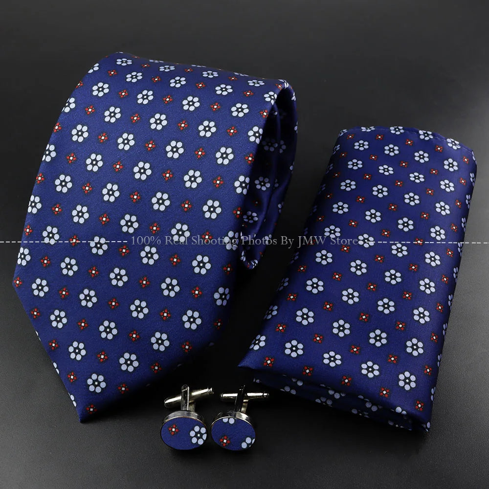 Men's 7.5cm Soft Silk Tie Set With Pocket Square Cufflinks Boutonniere Blue Green Orange Dot Floral Neckwear For Wedding Busines