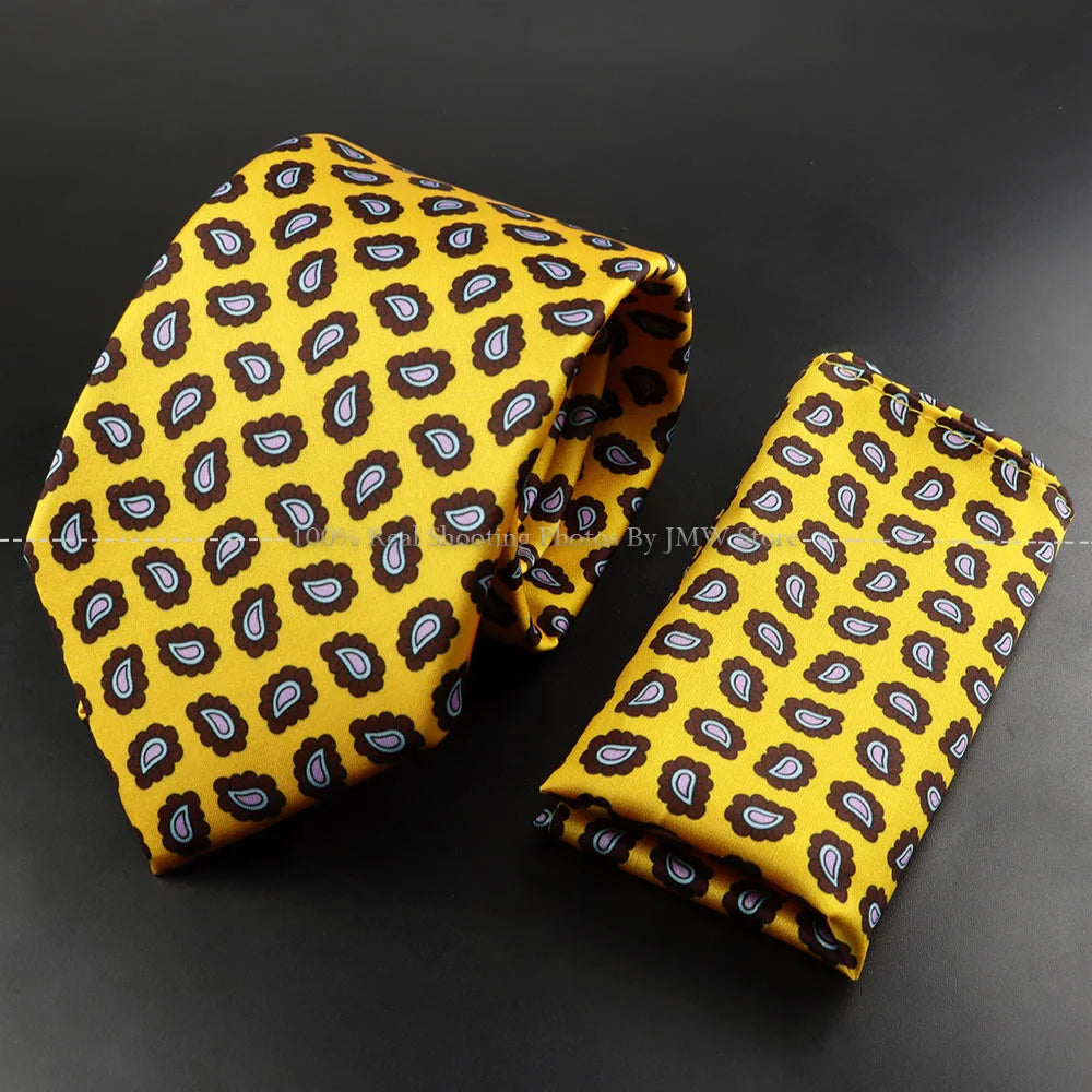 Men's 7.5cm Soft Silk Tie Set With Pocket Square Cufflinks Boutonniere Blue Green Orange Dot Floral Neckwear For Wedding Busines