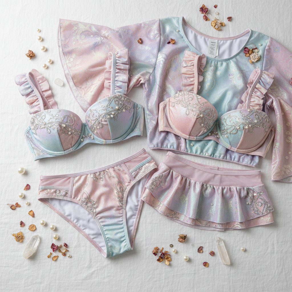 Maillot de bain 4 pièces push-up style féérique en couleurs pastels sur fond blanc